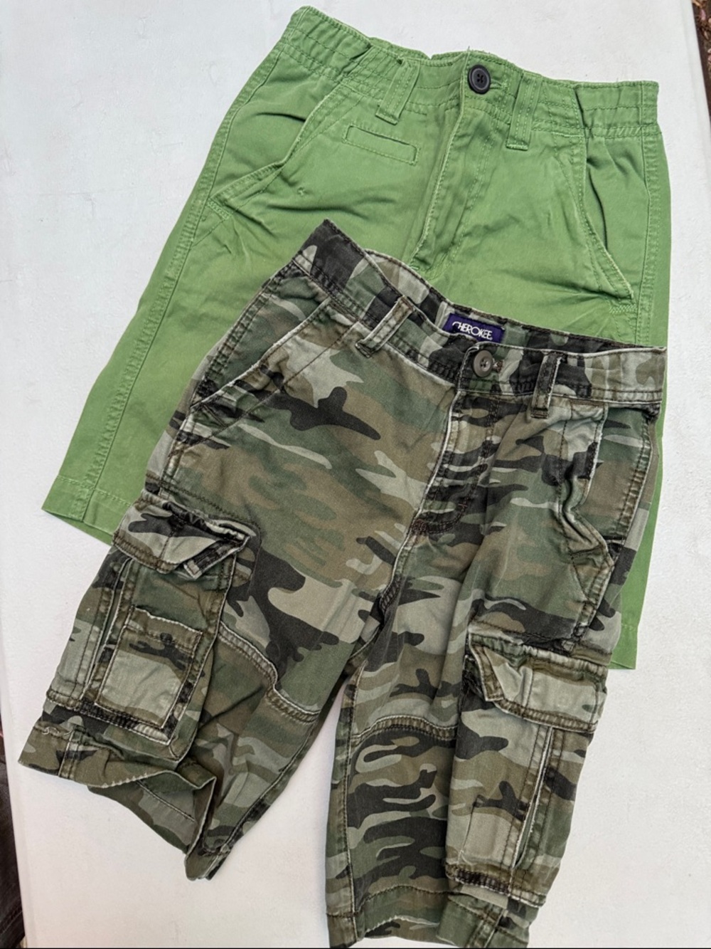 Cherokee Green Shorts and Camouflage Cargo Shorts with adjustabke waist